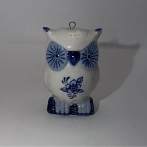 Blue and White Hand Painted Ceramic Owl Figure with a Flower